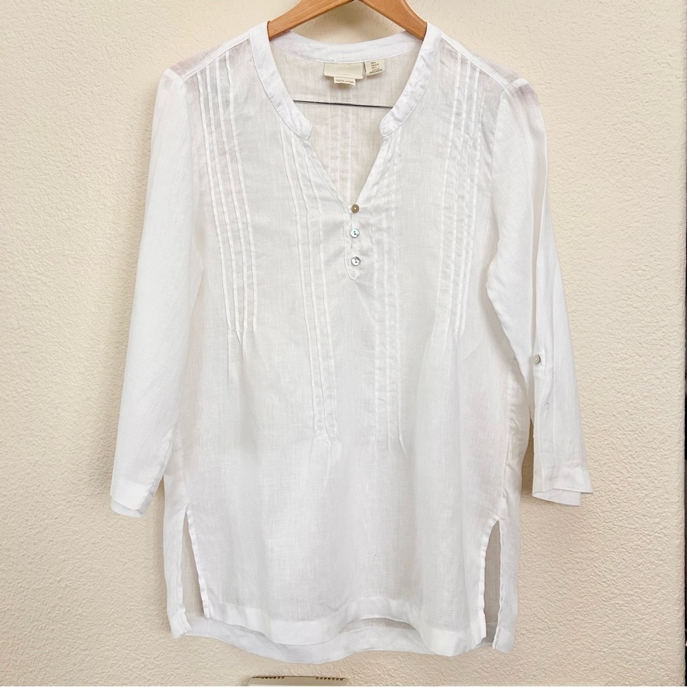Cynthia Rowley 100% Linen Rolled up Sleeve Tunic Top  V-neck White Sz Large